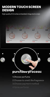 হ্যালো, দেয়ালের সাথে লাগানো পারফিউম স্প্রে ভেন্ডিং মেশিনে চারটি ভিন্ন সুগন্ধি রাখা যায় এবং টেবিলের উপর ব্যবহারের জন্য পাঁচটি নমুনা বোতাম রয়েছে