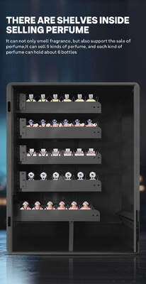 হ্যালো, দেয়ালের সাথে লাগানো পারফিউম স্প্রে ভেন্ডিং মেশিনে চারটি ভিন্ন সুগন্ধি রাখা যায় এবং টেবিলের উপর ব্যবহারের জন্য পাঁচটি নমুনা বোতাম রয়েছে